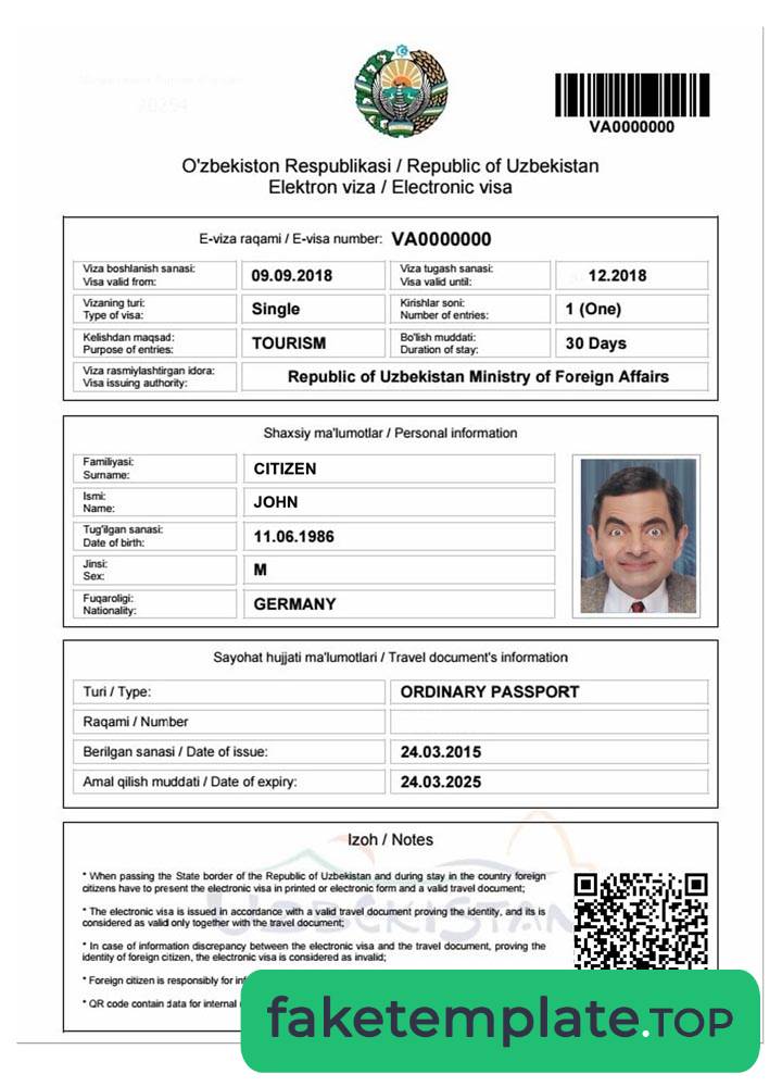 Feature of fake UZBEKISTAN e-visa example